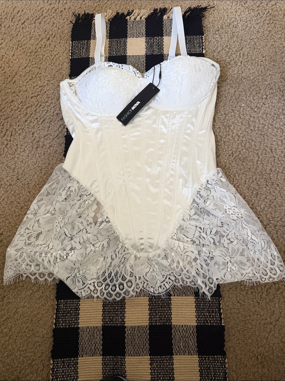 Fashion Nova White Lace Peplum Satin Bustier Bodysuit